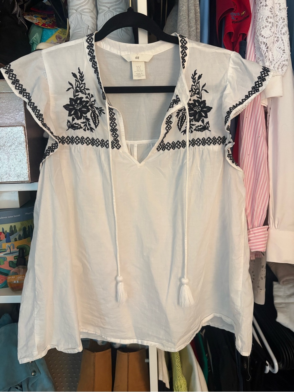 H&M White Tunic Top with Black Floral Embroidery